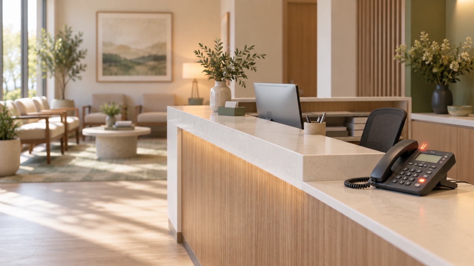A quiet, modern practice front desk with a phone on the counter.